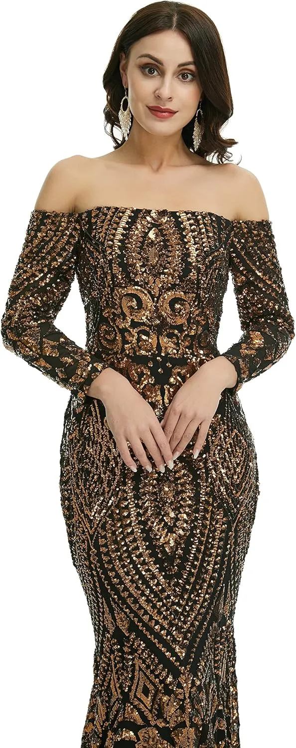 Women's Bateau Long Sleeves Sequins Mermaid Evening Dress