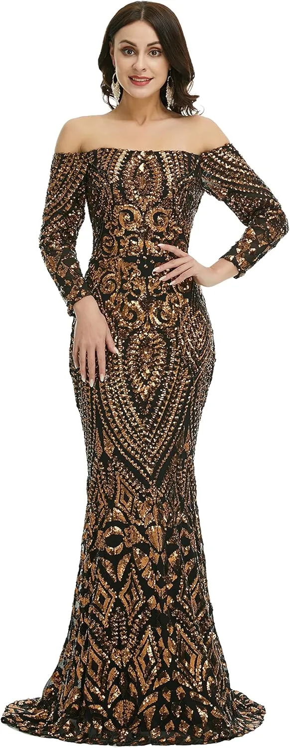 Women's Bateau Long Sleeves Sequins Mermaid Evening Dress