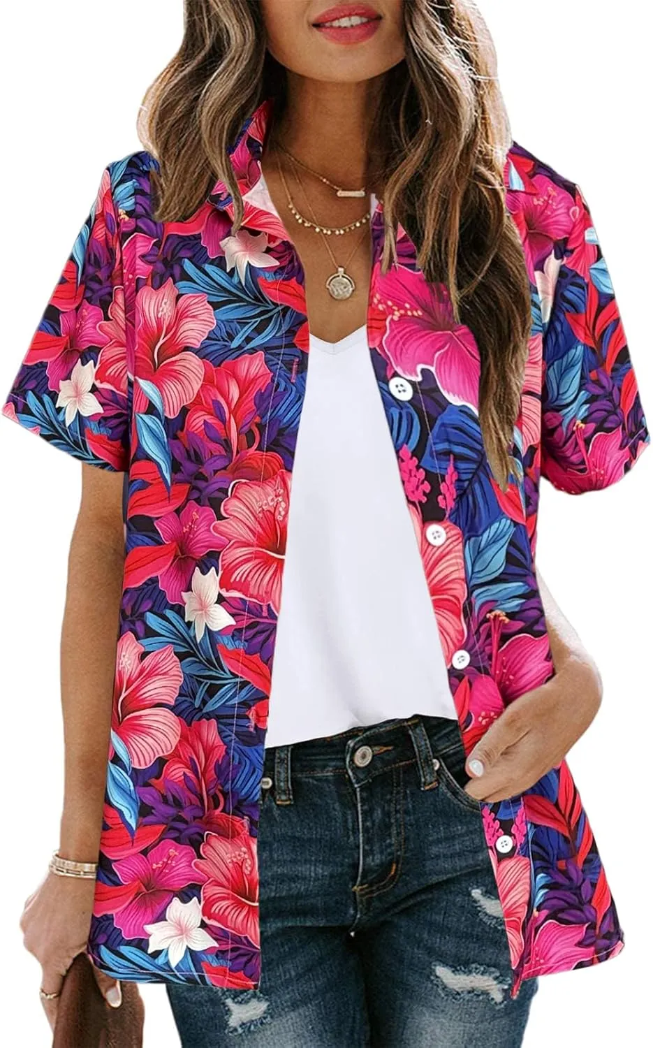 Women's Button Down Hawaiian Shirts Tropical V Neck Summer Beach Blouses Tops Floral Print Vintage Short Sleeve Tees