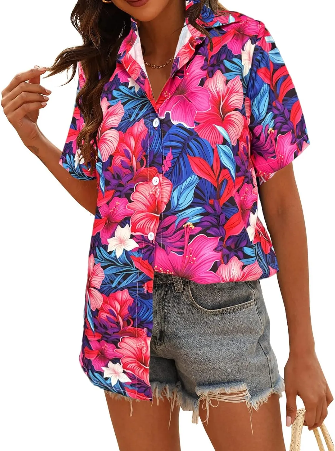 Women's Button Down Hawaiian Shirts Tropical V Neck Summer Beach Blouses Tops Floral Print Vintage Short Sleeve Tees