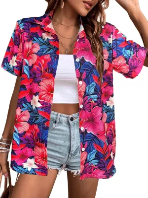 Women's Button Down Hawaiian Shirts Tropical V Neck Summer Beach Blouses Tops Floral Print Vintage Short Sleeve Tees