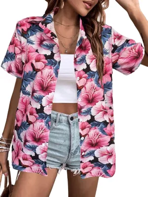Women's Button Down Hawaiian Shirts Tropical V Neck Summer Beach Blouses Tops Floral Print Vintage Short Sleeve Tees