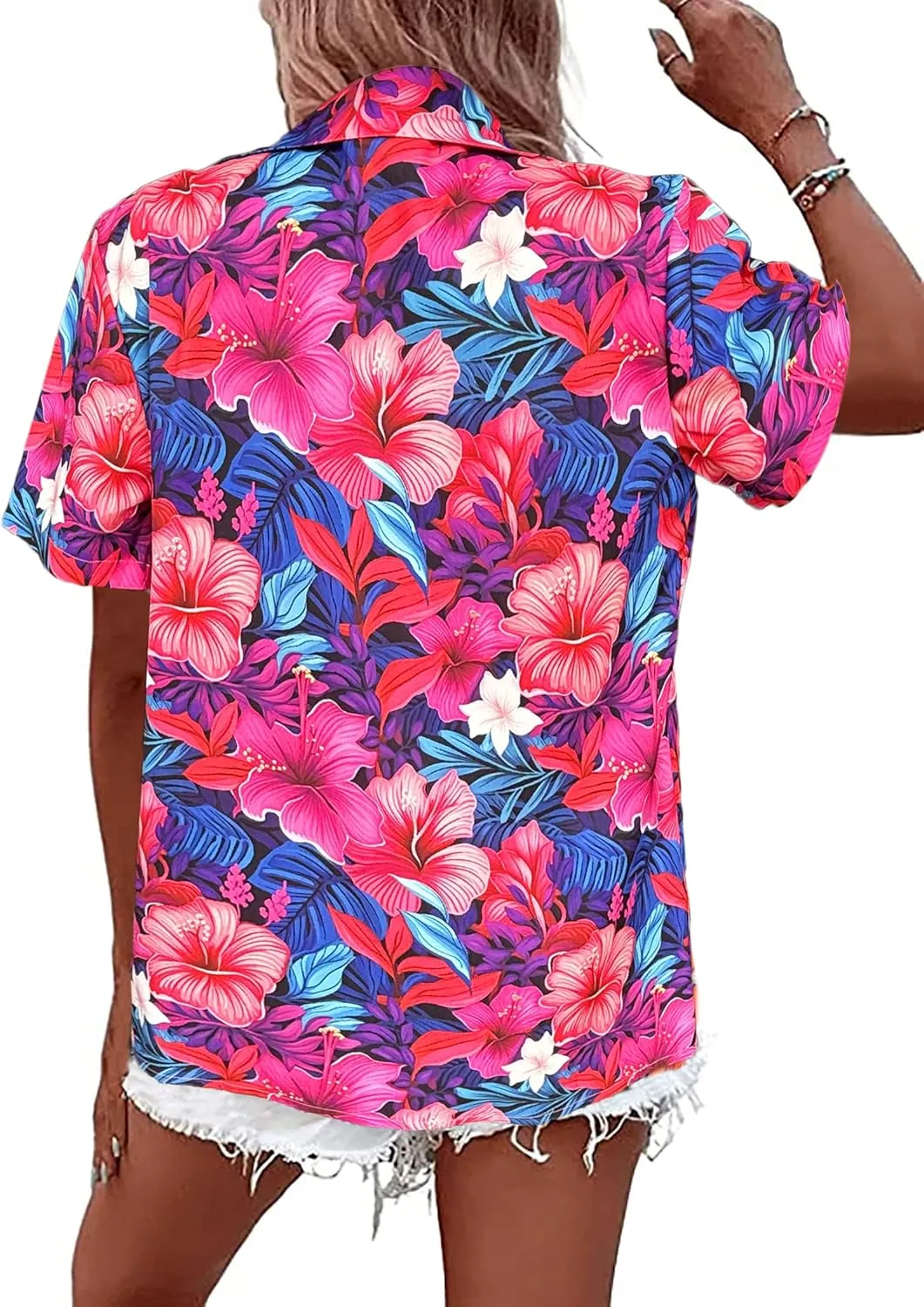 Women's Button Down Hawaiian Shirts Tropical V Neck Summer Beach Blouses Tops Floral Print Vintage Short Sleeve Tees