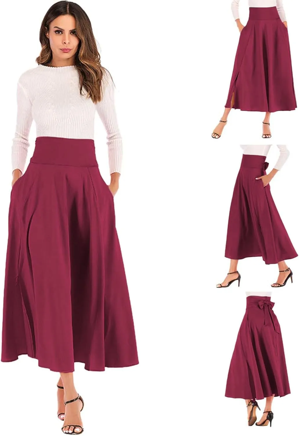 Women's Casual High-Waisted Pleated Maxi Skirt with Pockets，Solid Long Vintage Strappy Skirt