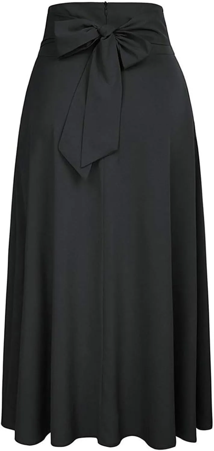 Women's Casual High-Waisted Pleated Maxi Skirt with Pockets，Solid Long Vintage Strappy Skirt