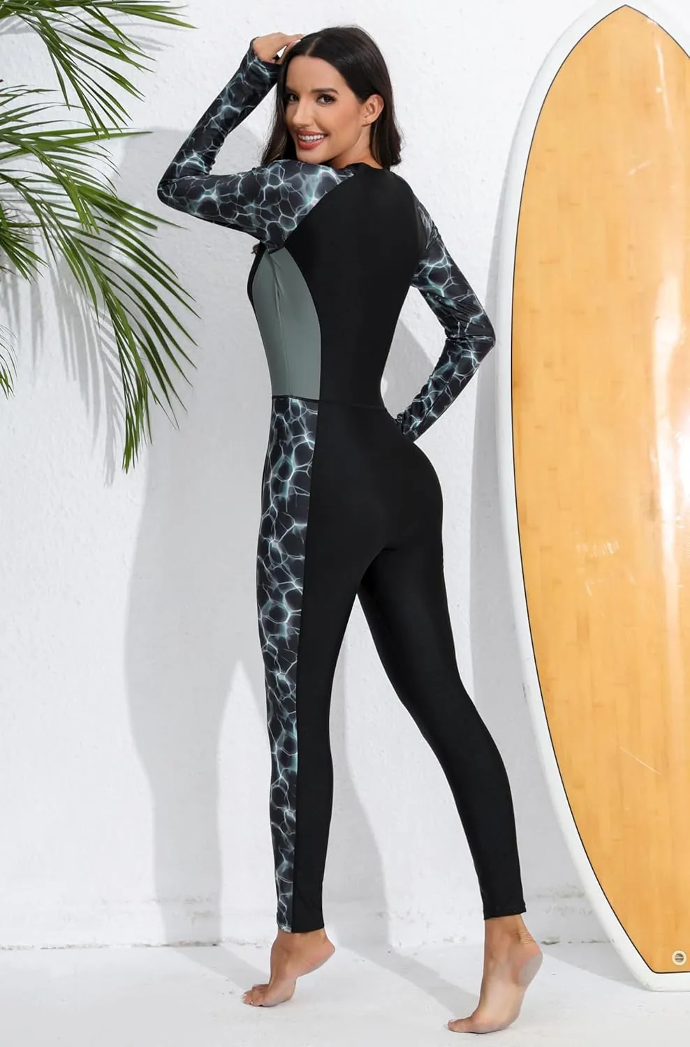 Womens Full Body Zip Front Rash Guard Long Sleeve One Piece Bathing Suit with Built in Bra UPF50  Surf Swimsuit