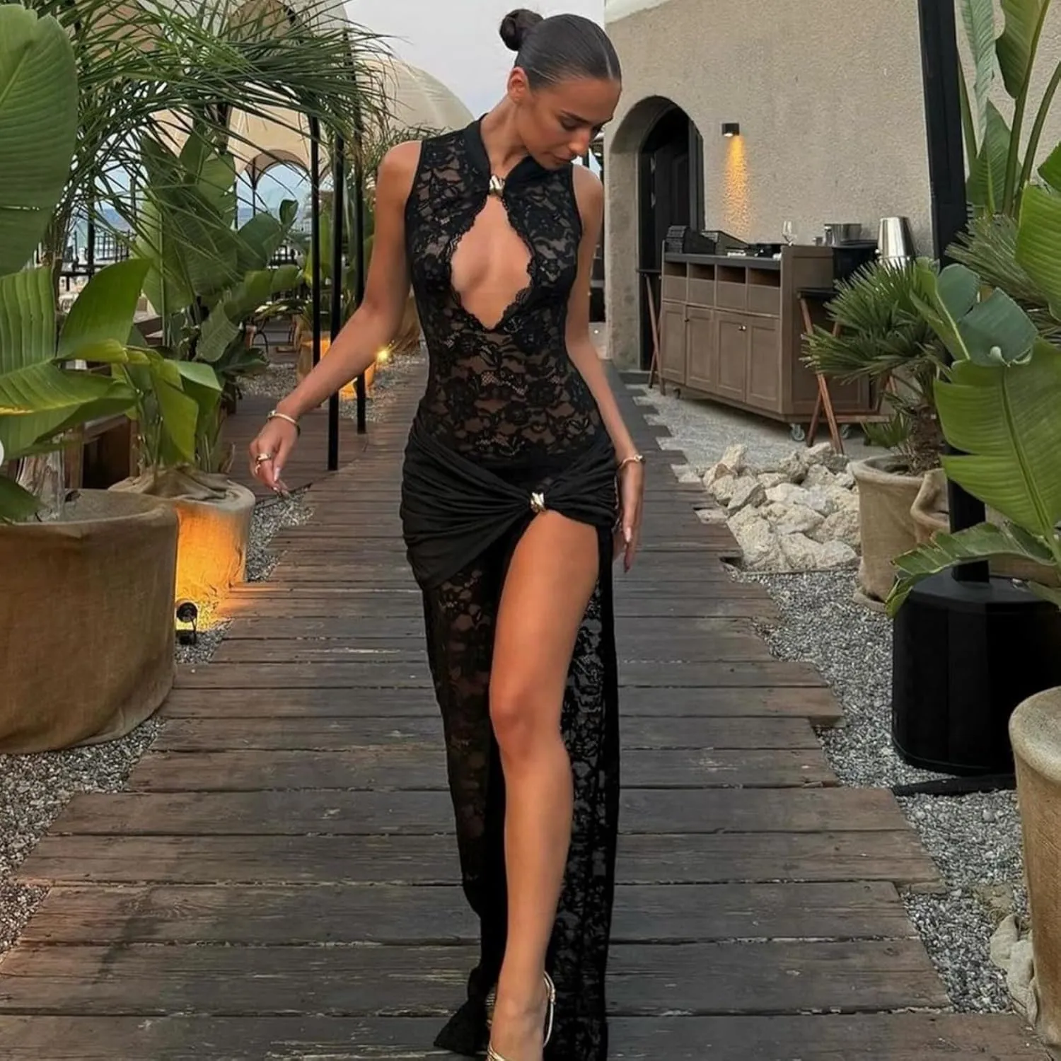 Womens Lace Sheer Maxi Dress See Through Hollow Out Low Cut High Side Split Elegant Party Cocktail Long Dress
