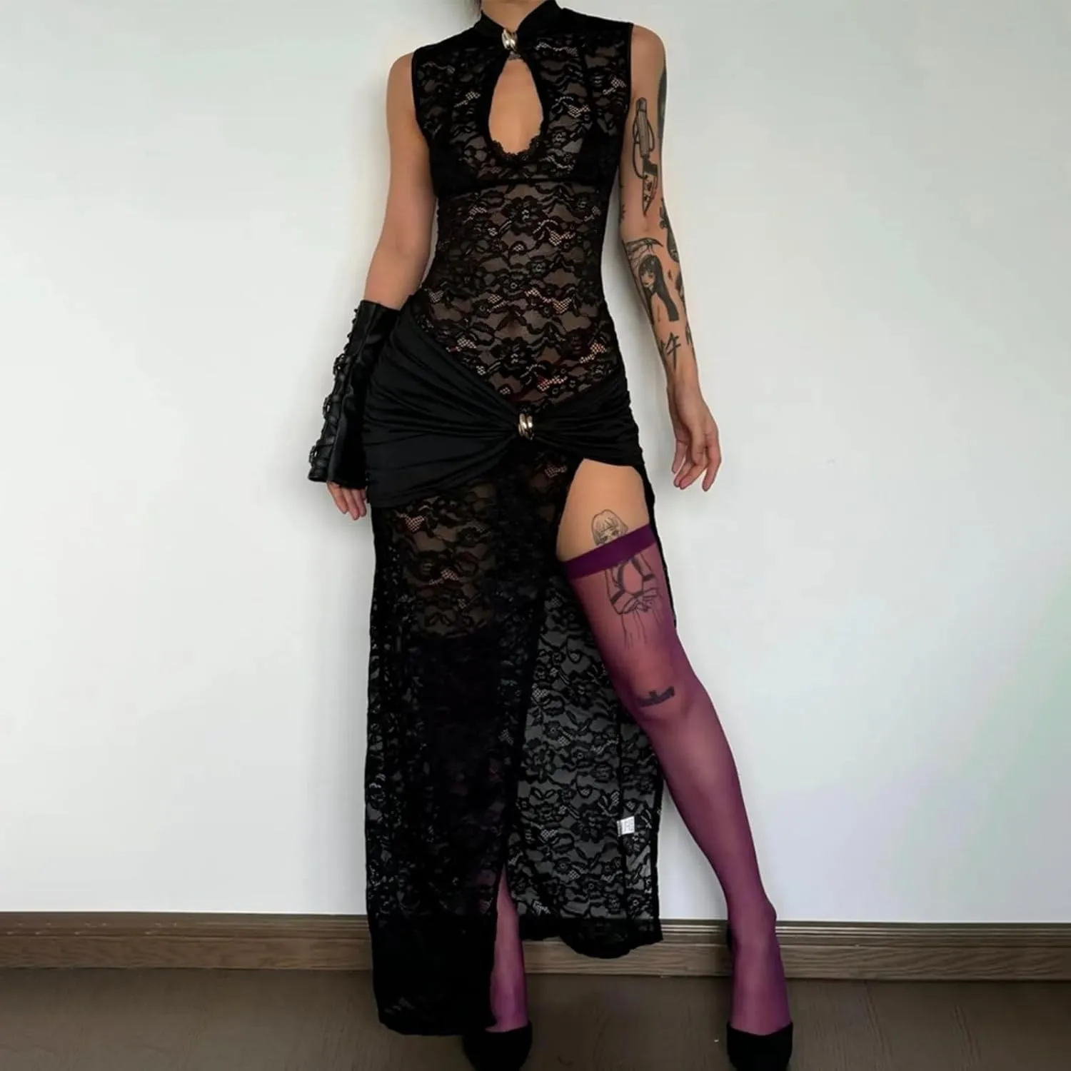 Womens Lace Sheer Maxi Dress See Through Hollow Out Low Cut High Side Split Elegant Party Cocktail Long Dress