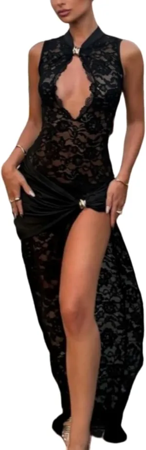 Womens Lace Sheer Maxi Dress See Through Hollow Out Low Cut High Side Split Elegant Party Cocktail Long Dress