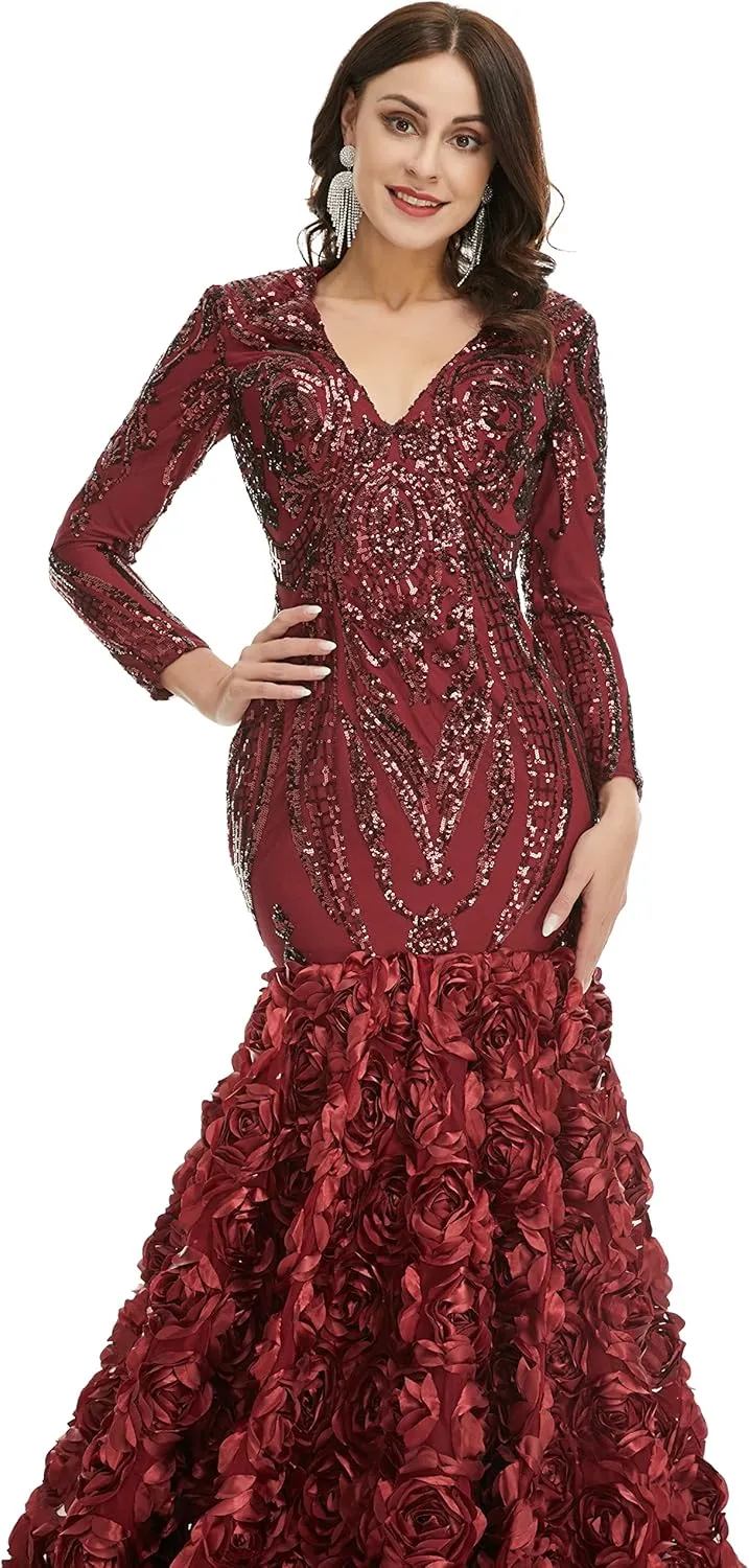 Women's Long Sleeves V-Neck Rose Sequins Mermaid Evening Dress