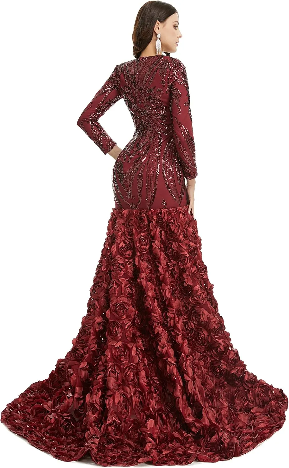 Women's Long Sleeves V-Neck Rose Sequins Mermaid Evening Dress