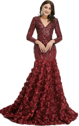 Women's Long Sleeves V-Neck Rose Sequins Mermaid Evening Dress