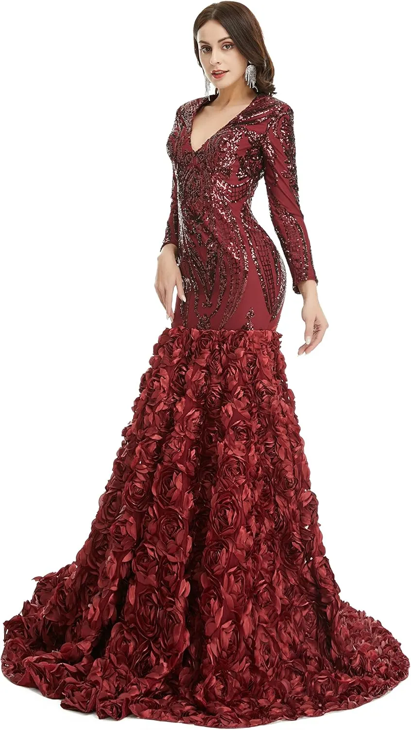 Women's Long Sleeves V-Neck Rose Sequins Mermaid Evening Dress