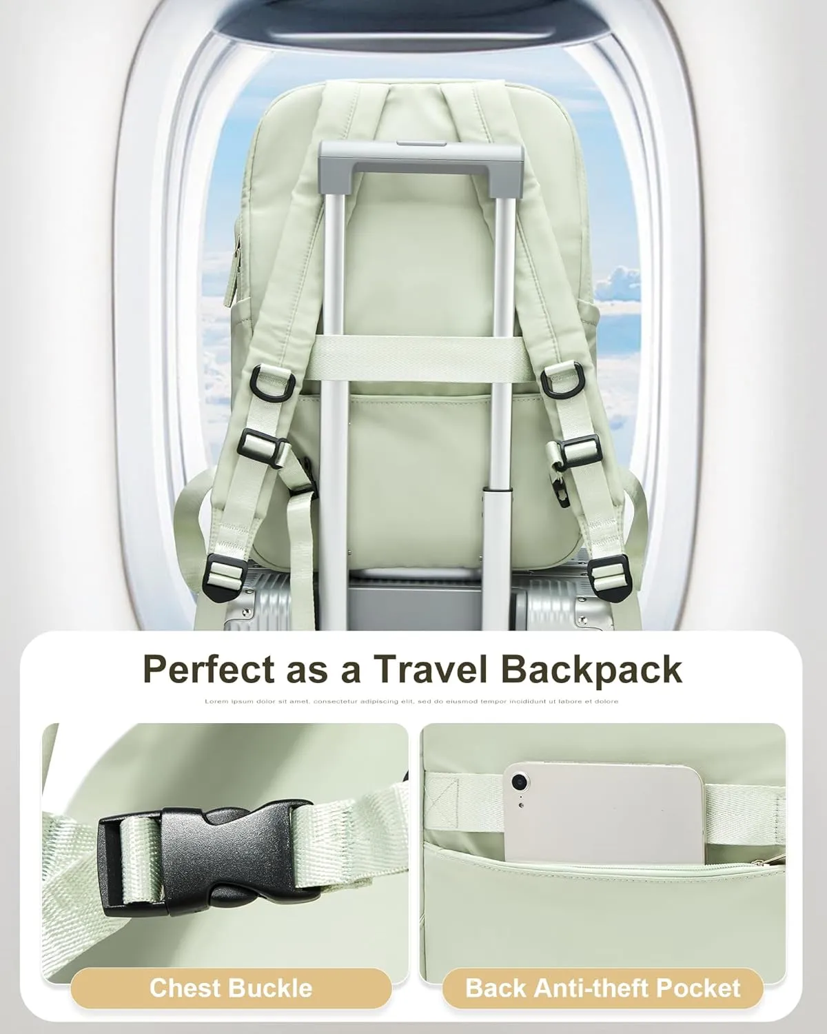 Women's Mochila Gym Work Teacher Backpack with Laptop Compartment - Lightweight Commuter & Travel Backpack - Green