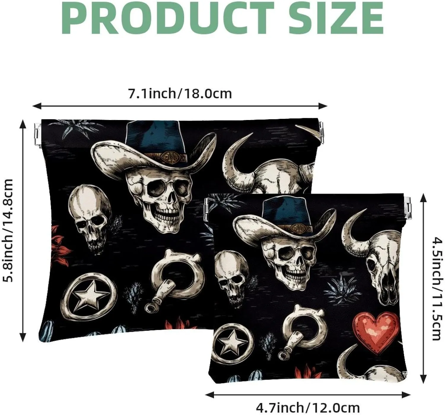 Women’s Pocket Cosmetic Bags, Waterproof Leather Makeup Bag No Zipper Self-Closing Makeup Pouch for Girls, Mini Bag for Purse - Skull in Mexican Hat Wild West Cactus Heart