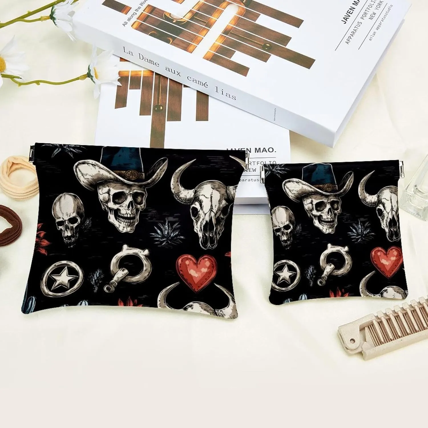 Women’s Pocket Cosmetic Bags, Waterproof Leather Makeup Bag No Zipper Self-Closing Makeup Pouch for Girls, Mini Bag for Purse - Skull in Mexican Hat Wild West Cactus Heart