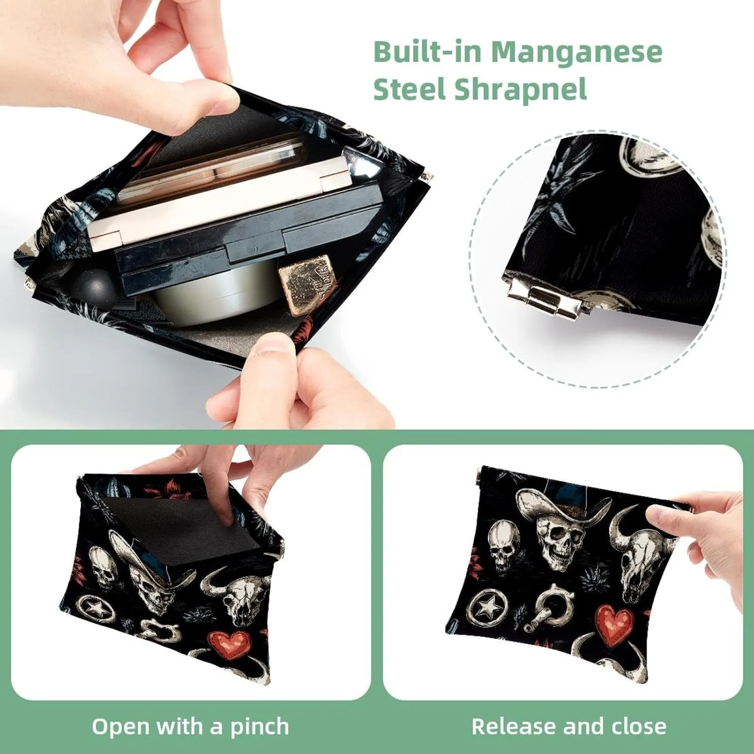 Women’s Pocket Cosmetic Bags, Waterproof Leather Makeup Bag No Zipper Self-Closing Makeup Pouch for Girls, Mini Bag for Purse - Skull in Mexican Hat Wild West Cactus Heart