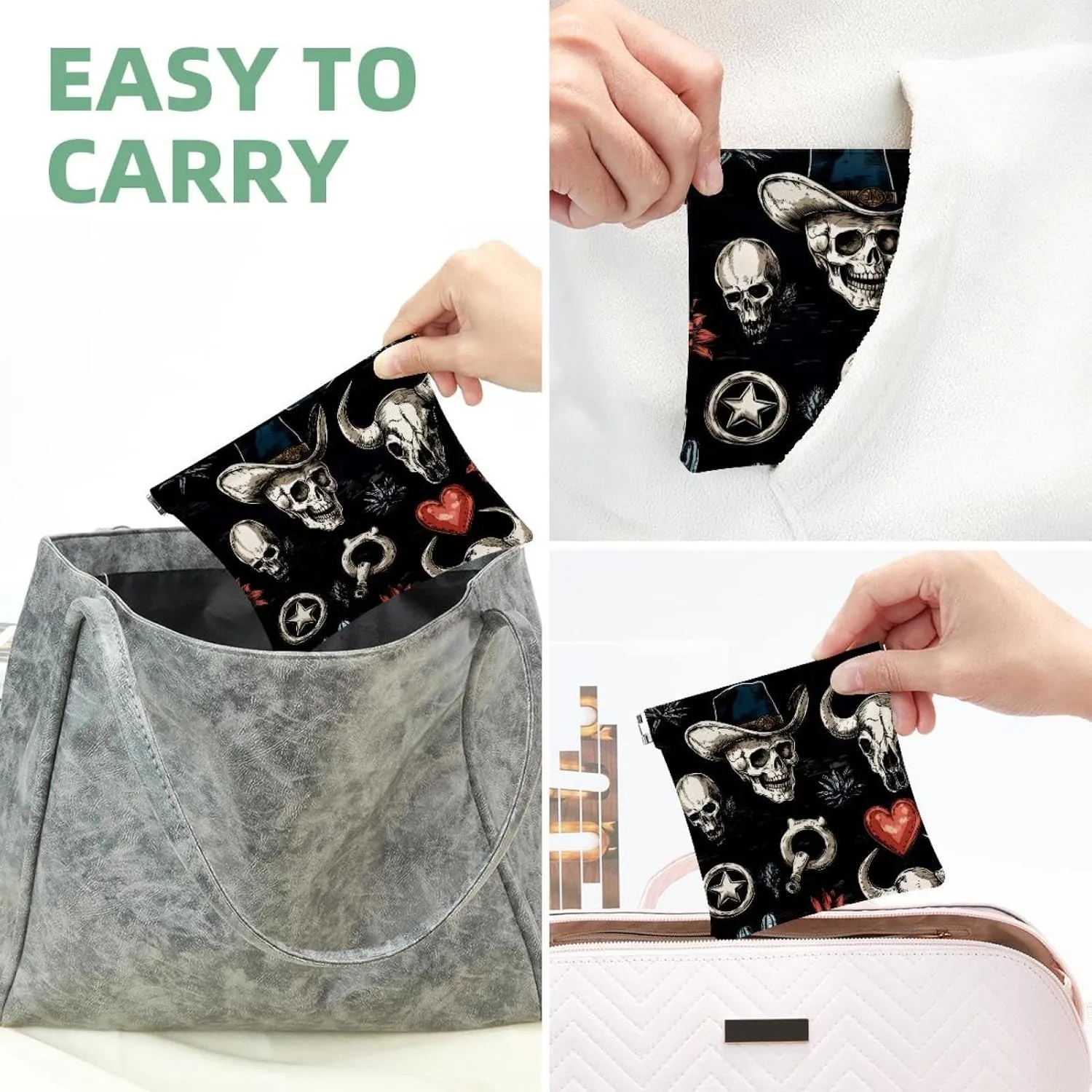 Women’s Pocket Cosmetic Bags, Waterproof Leather Makeup Bag No Zipper Self-Closing Makeup Pouch for Girls, Mini Bag for Purse - Skull in Mexican Hat Wild West Cactus Heart