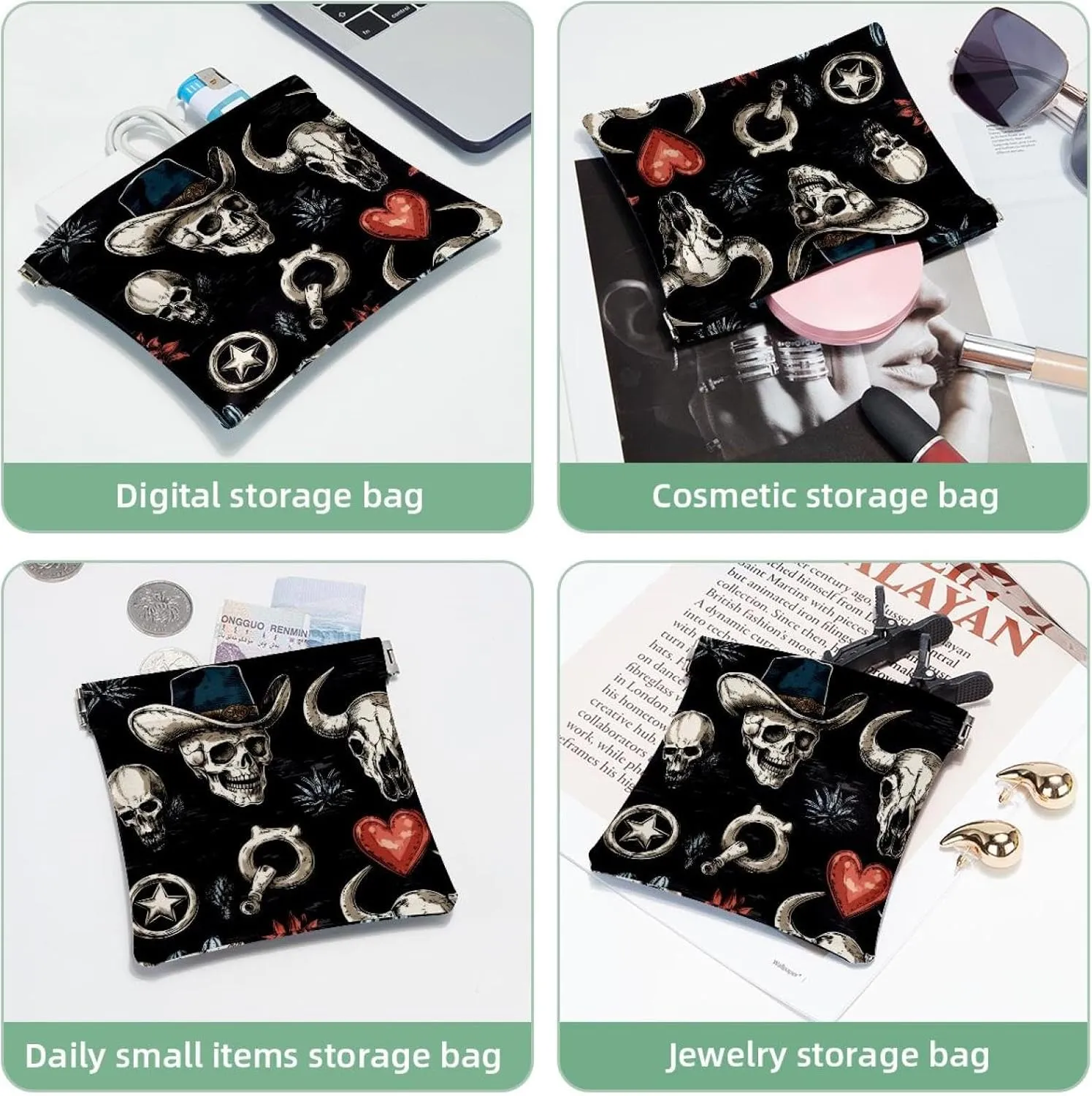 Women’s Pocket Cosmetic Bags, Waterproof Leather Makeup Bag No Zipper Self-Closing Makeup Pouch for Girls, Mini Bag for Purse - Skull in Mexican Hat Wild West Cactus Heart