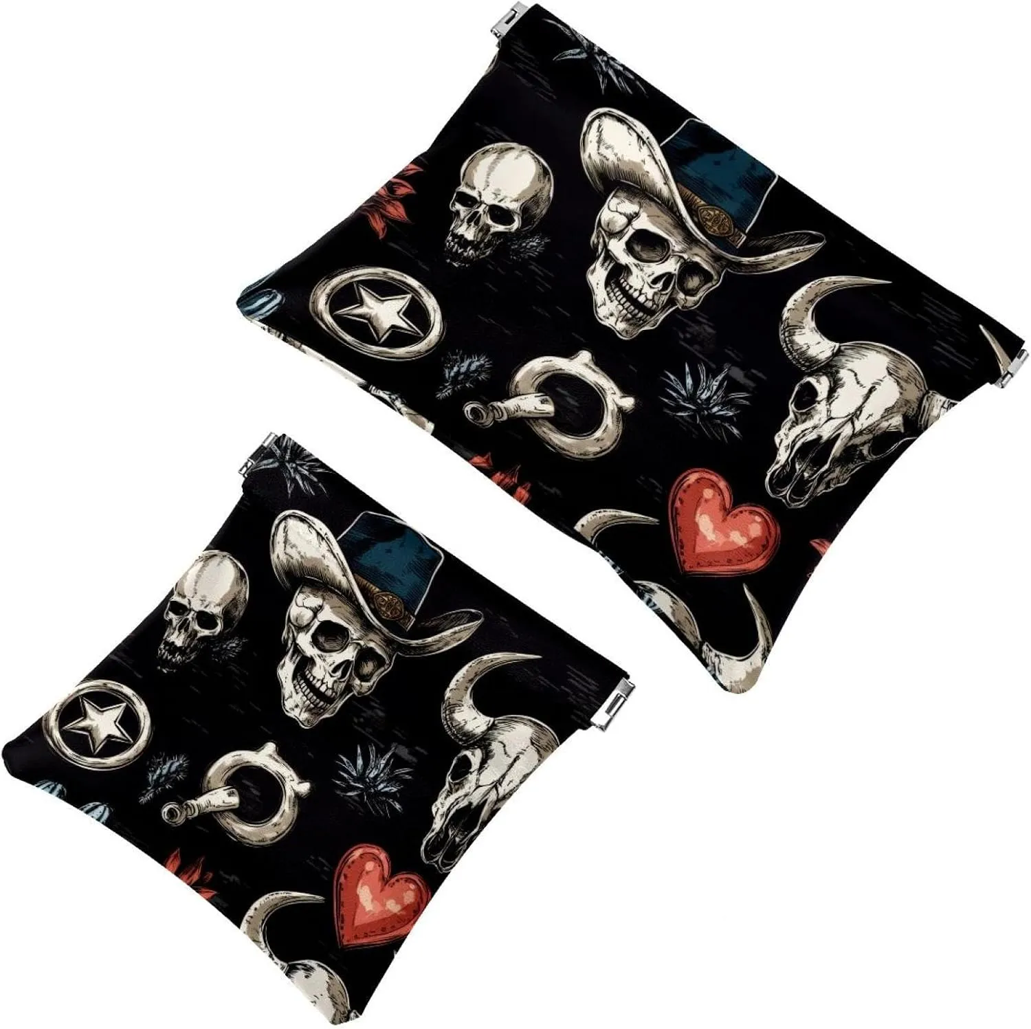 Women’s Pocket Cosmetic Bags, Waterproof Leather Makeup Bag No Zipper Self-Closing Makeup Pouch for Girls, Mini Bag for Purse - Skull in Mexican Hat Wild West Cactus Heart