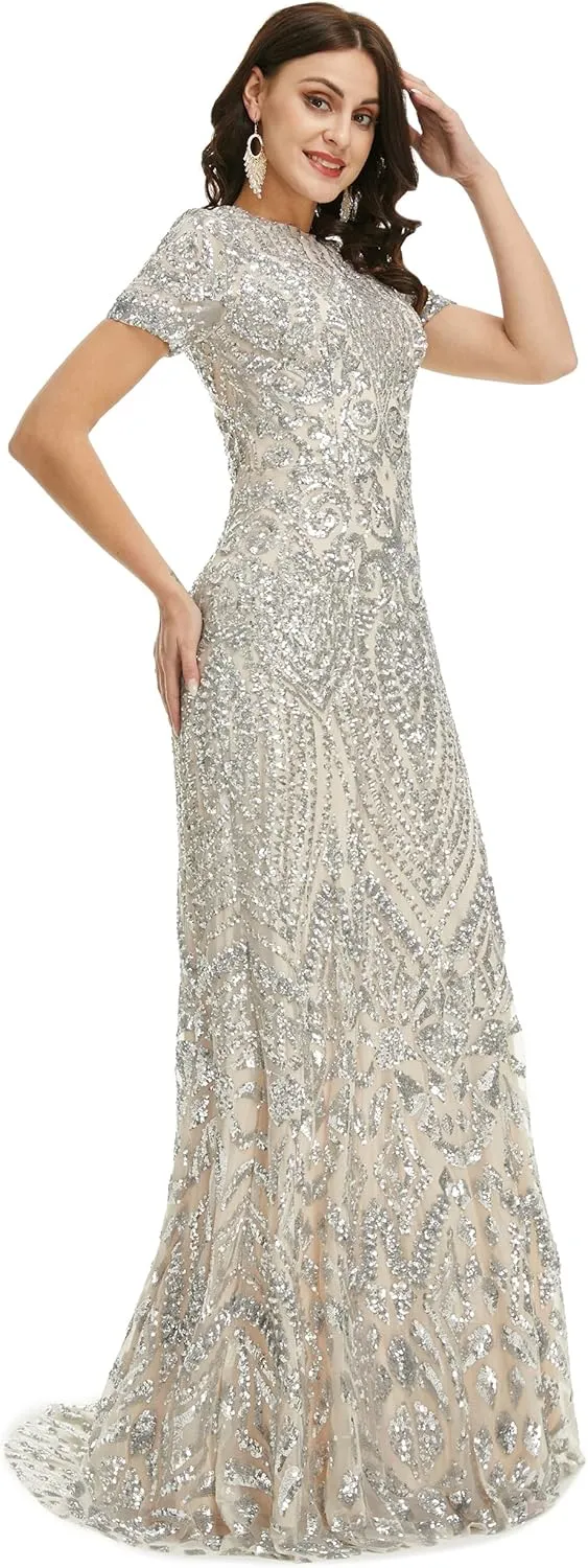 Women's Short Sleeves Sequins A-Line Formal Evening Dress