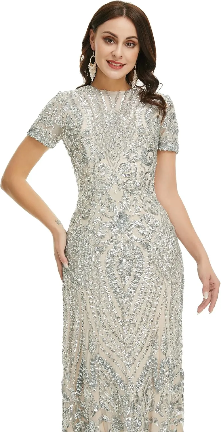 Women's Short Sleeves Sequins A-Line Formal Evening Dress