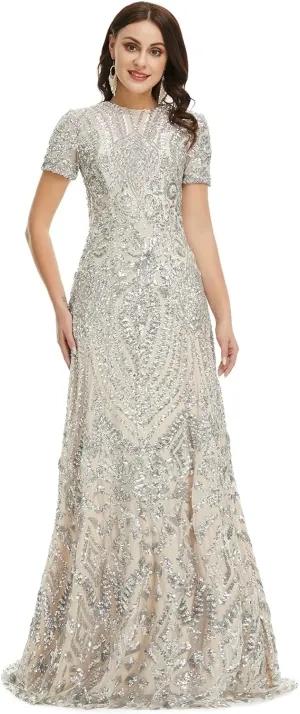 Women's Short Sleeves Sequins A-Line Formal Evening Dress