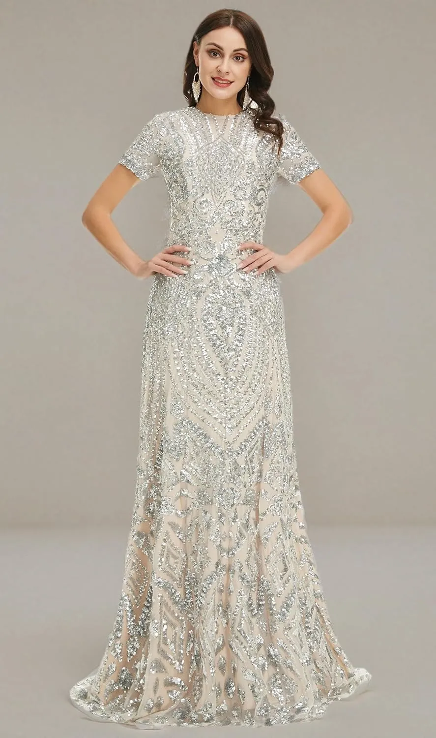 Women's Short Sleeves Sequins A-Line Formal Evening Dress