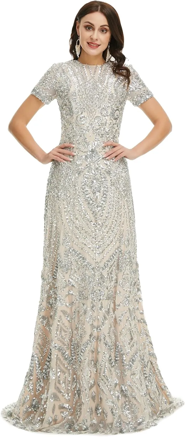 Women's Short Sleeves Sequins A-Line Formal Evening Dress