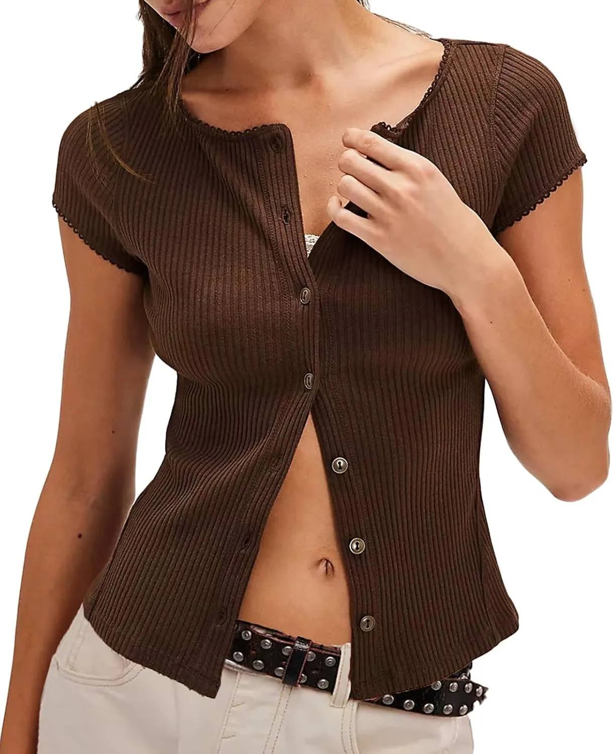 Womens Slim Fitted Shirts Short Sleeve Cardigan Button Down Blouses Y2k Ribbed Tops