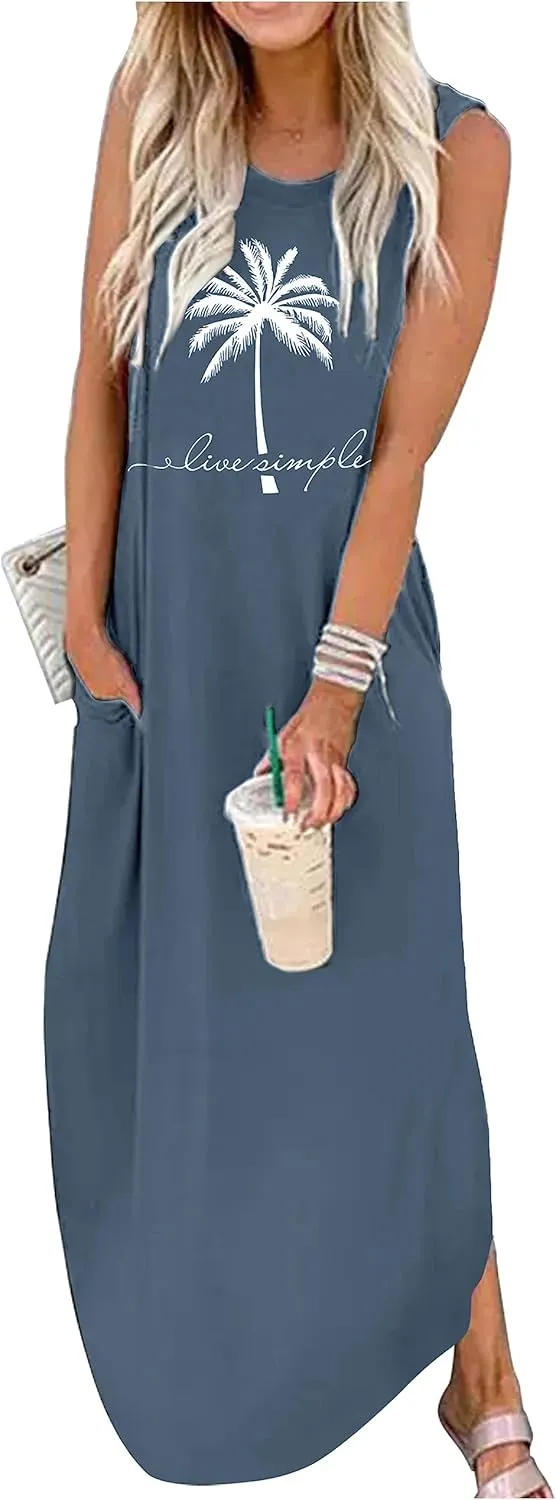 Women's Summer Beach Long Dress Sleeveless Maxi Dress with Pockets Hawaiian Beach Rainbow Graphics Tank Shirt Dresses