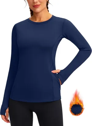 Women's Thermal Fleece Tops Long Sleeve Workout Shirts Running Athletic Base Layer with Thumb Holes Zipper Pocket