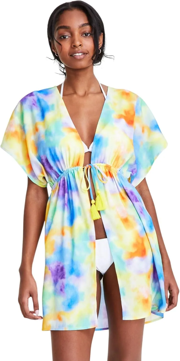 Women's Tie-Dye Tie-Front Cover Up Dress (Red/Yellow/Purple, X-Small)