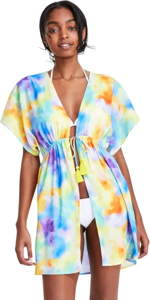 Women's Tie-Dye Tie-Front Cover Up Dress (Red/Yellow/Purple, X-Small)