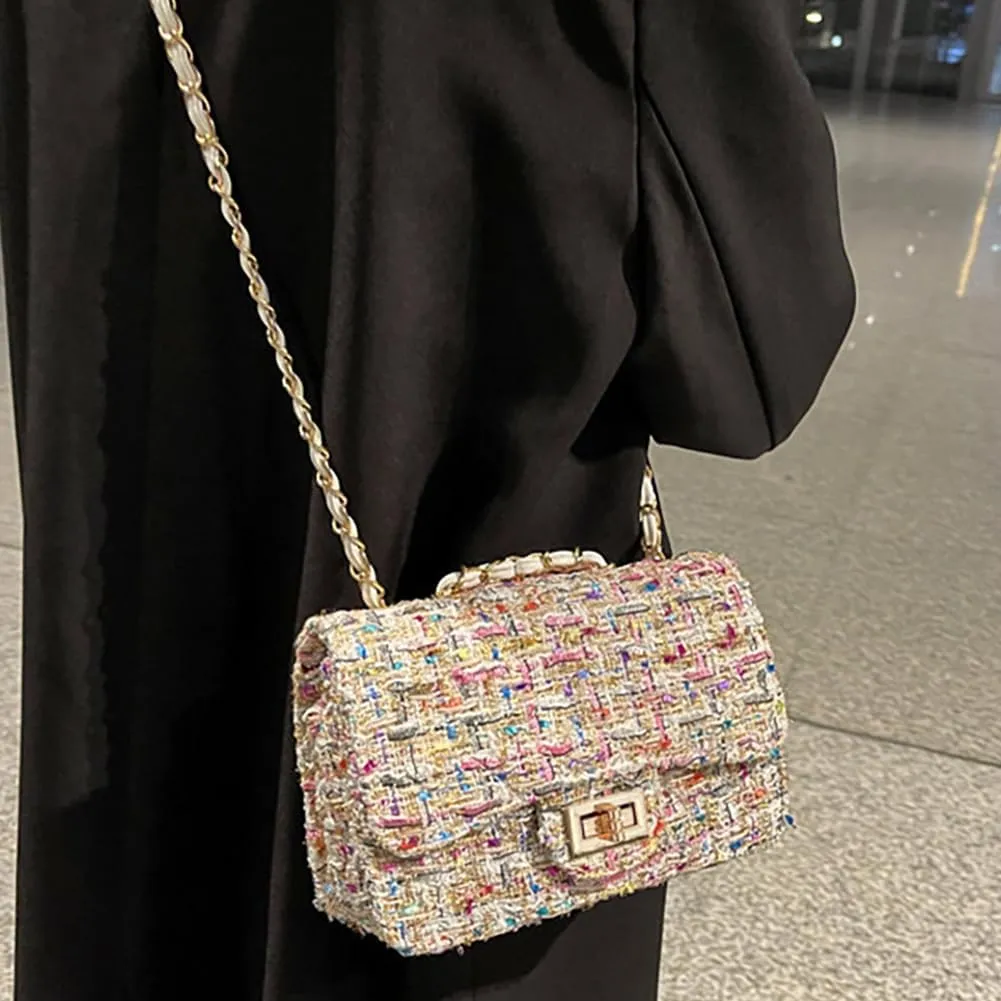 Women's Tweed Plaid Square Bag, Large Capacity Quilted Woven Embroidered Shoulder Bag, Ladies Woolen Handbag Clutch Tote