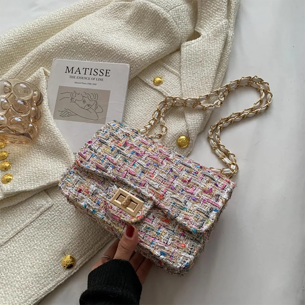 Women's Tweed Plaid Square Bag, Large Capacity Quilted Woven Embroidered Shoulder Bag, Ladies Woolen Handbag Clutch Tote