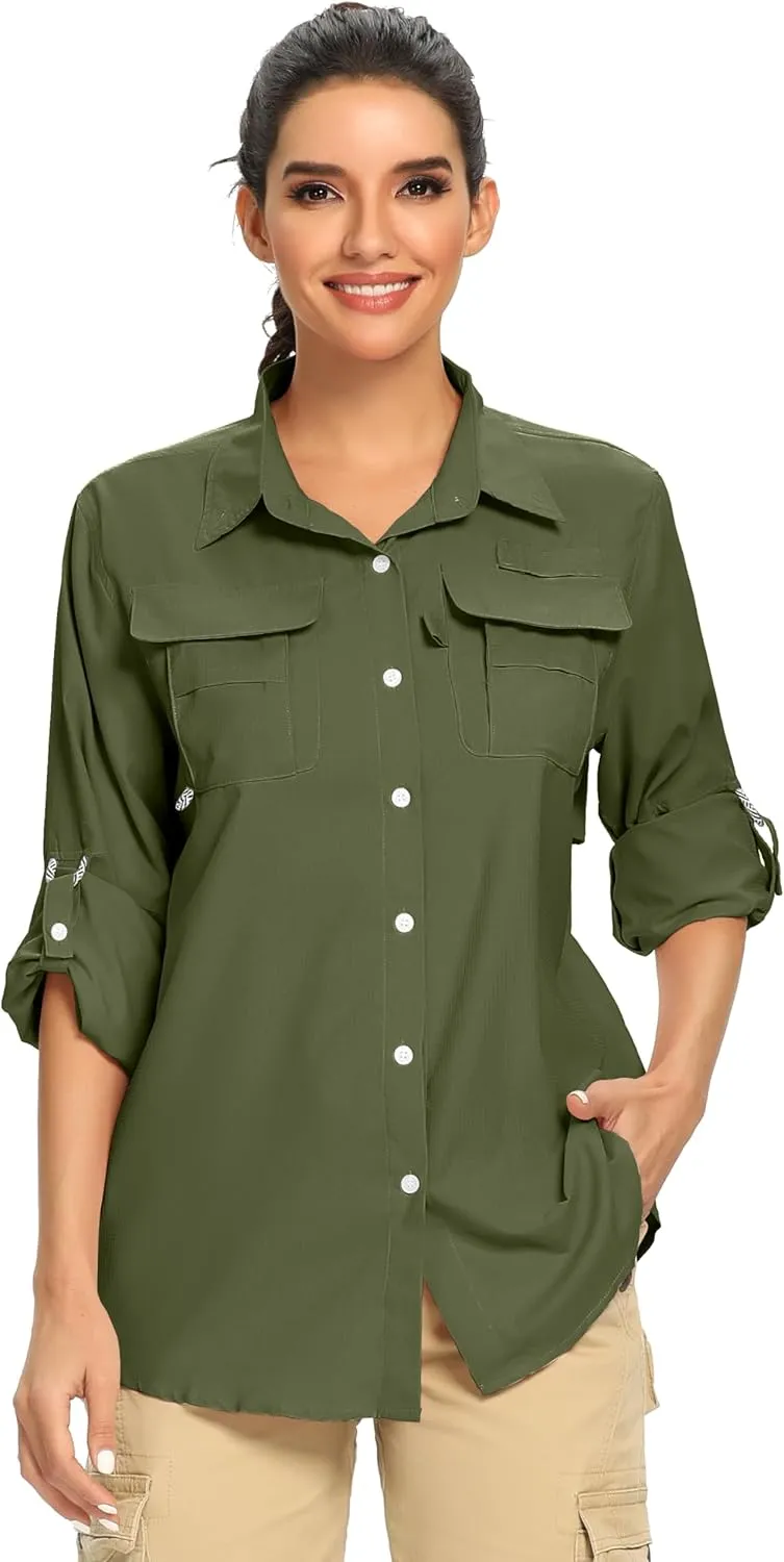 Women's UPF 50  UV Sun Protection Safari Shirt, Long Sleeve Outdoor Cool Quick Dry Fishing Hiking Gardening Shirts