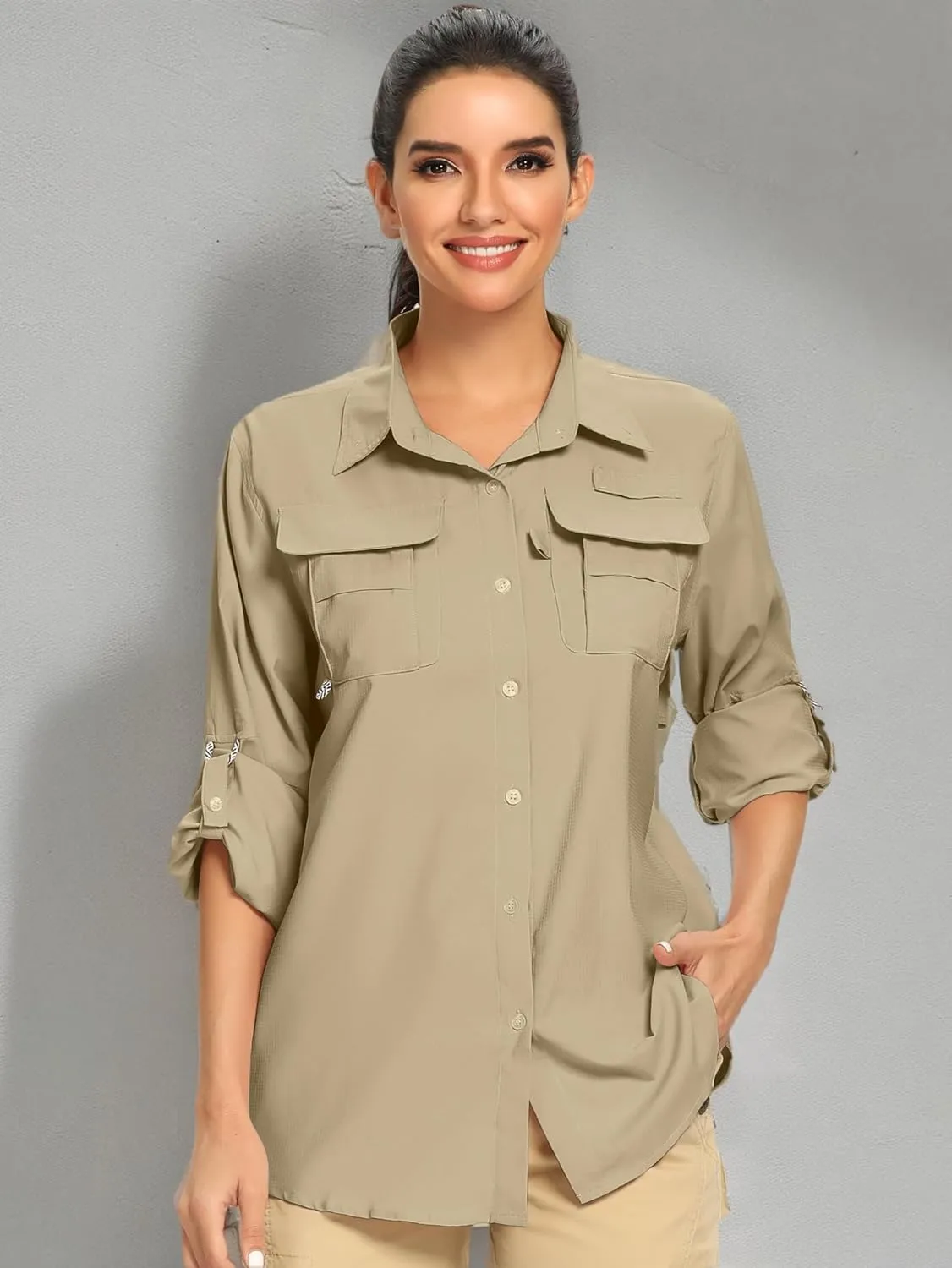 Women's UPF 50  UV Sun Protection Safari Shirt, Long Sleeve Outdoor Cool Quick Dry Fishing Hiking Gardening Shirts