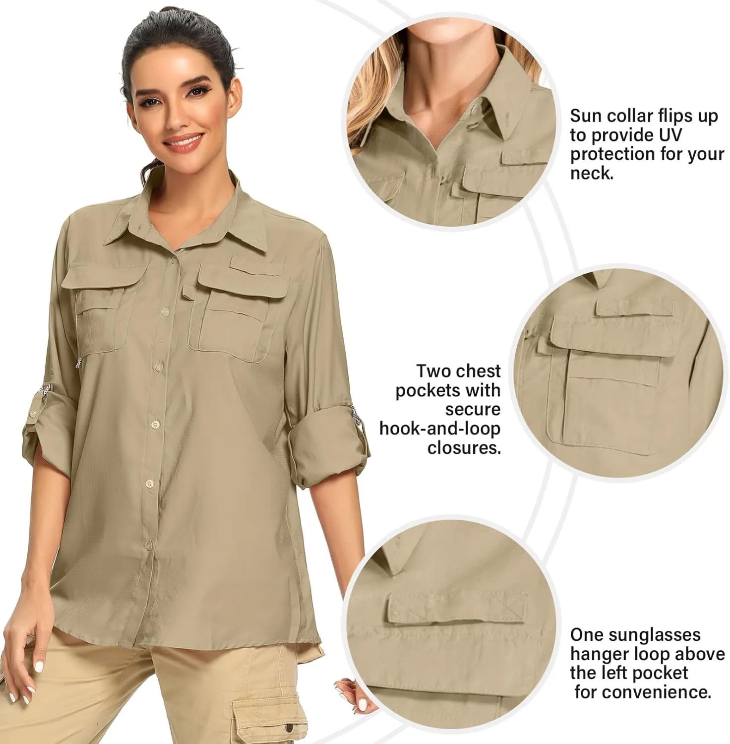 Women's UPF 50  UV Sun Protection Safari Shirt, Long Sleeve Outdoor Cool Quick Dry Fishing Hiking Gardening Shirts