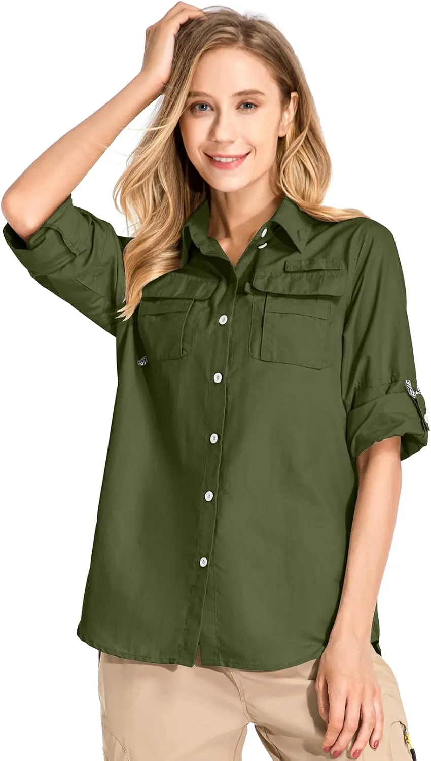 Women's UPF 50  UV Sun Protection Safari Shirt, Long Sleeve Outdoor Cool Quick Dry Fishing Hiking Gardening Shirts