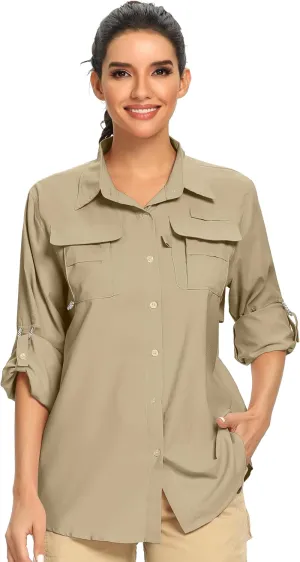 Women's UPF 50  UV Sun Protection Safari Shirt, Long Sleeve Outdoor Cool Quick Dry Fishing Hiking Gardening Shirts