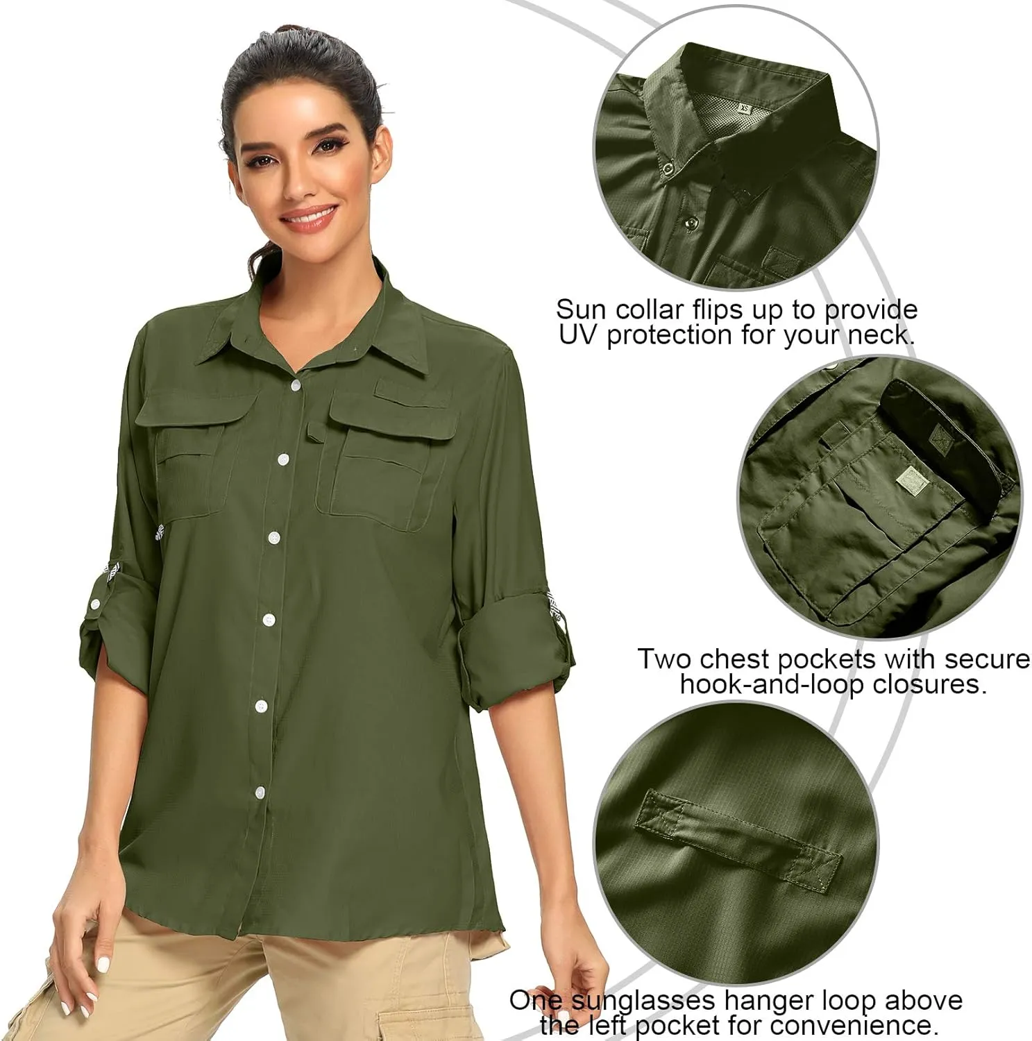 Women's UPF 50  UV Sun Protection Safari Shirt, Long Sleeve Outdoor Cool Quick Dry Fishing Hiking Gardening Shirts