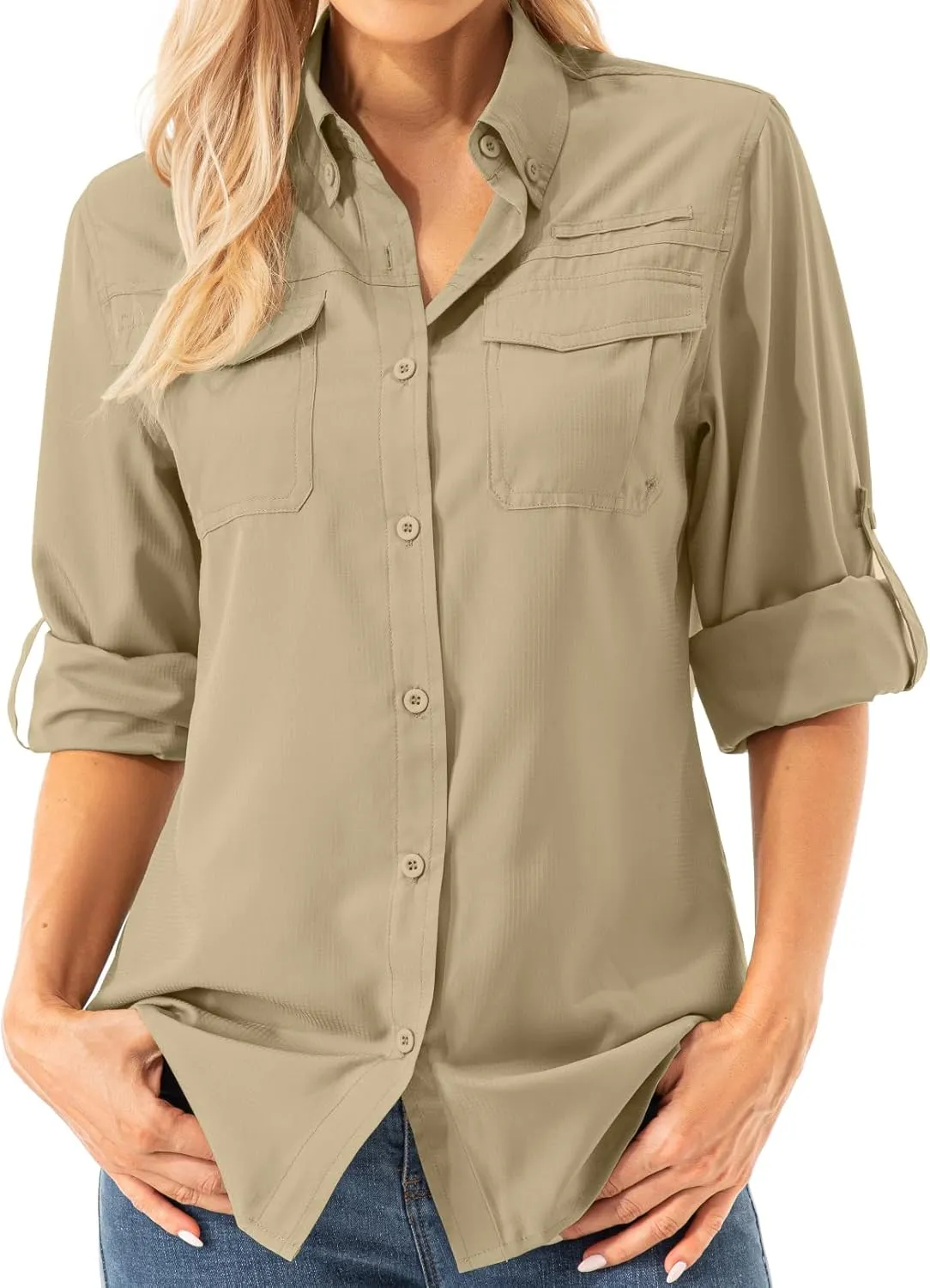 Womens UPF 50  UV Sun Protection Safari Shirts Long Sleeve Outdoor Cool Quick Dry Fishing Hiking Gardening Shirts