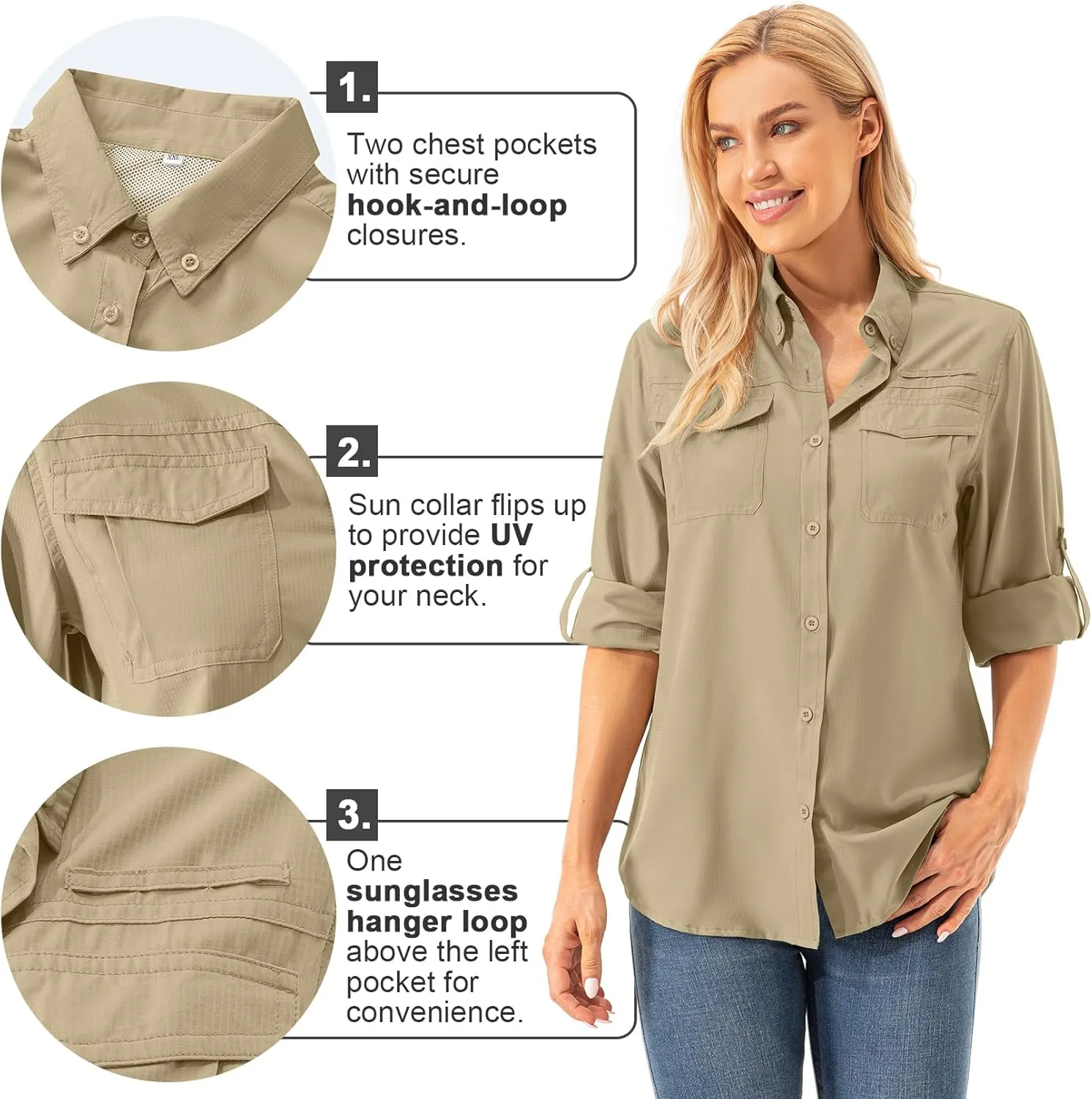 Womens UPF 50  UV Sun Protection Safari Shirts Long Sleeve Outdoor Cool Quick Dry Fishing Hiking Gardening Shirts