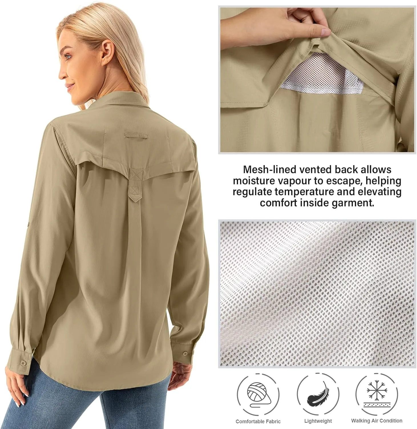 Womens UPF 50  UV Sun Protection Safari Shirts Long Sleeve Outdoor Cool Quick Dry Fishing Hiking Gardening Shirts