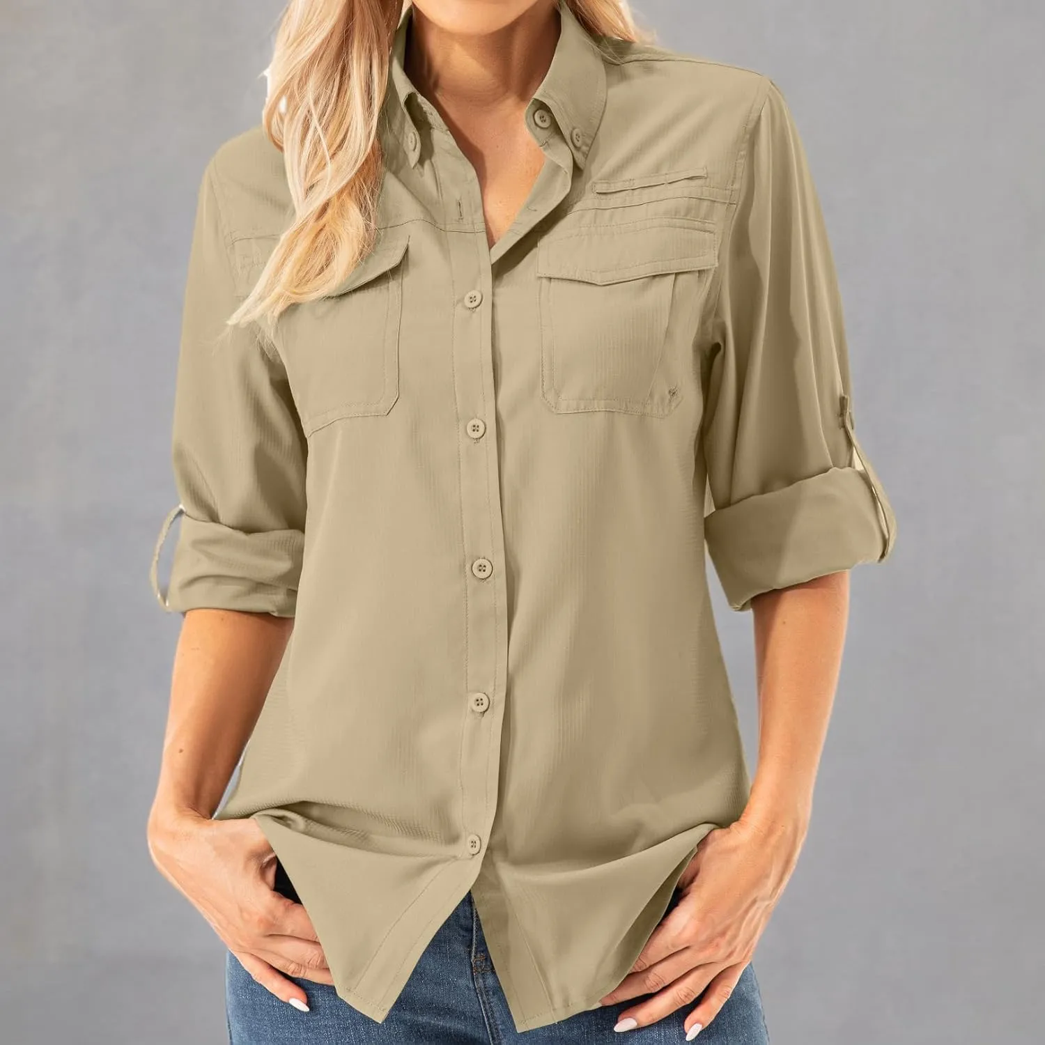 Womens UPF 50  UV Sun Protection Safari Shirts Long Sleeve Outdoor Cool Quick Dry Fishing Hiking Gardening Shirts