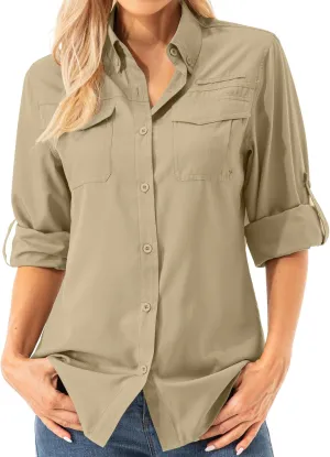 Womens UPF 50  UV Sun Protection Safari Shirts Long Sleeve Outdoor Cool Quick Dry Fishing Hiking Gardening Shirts