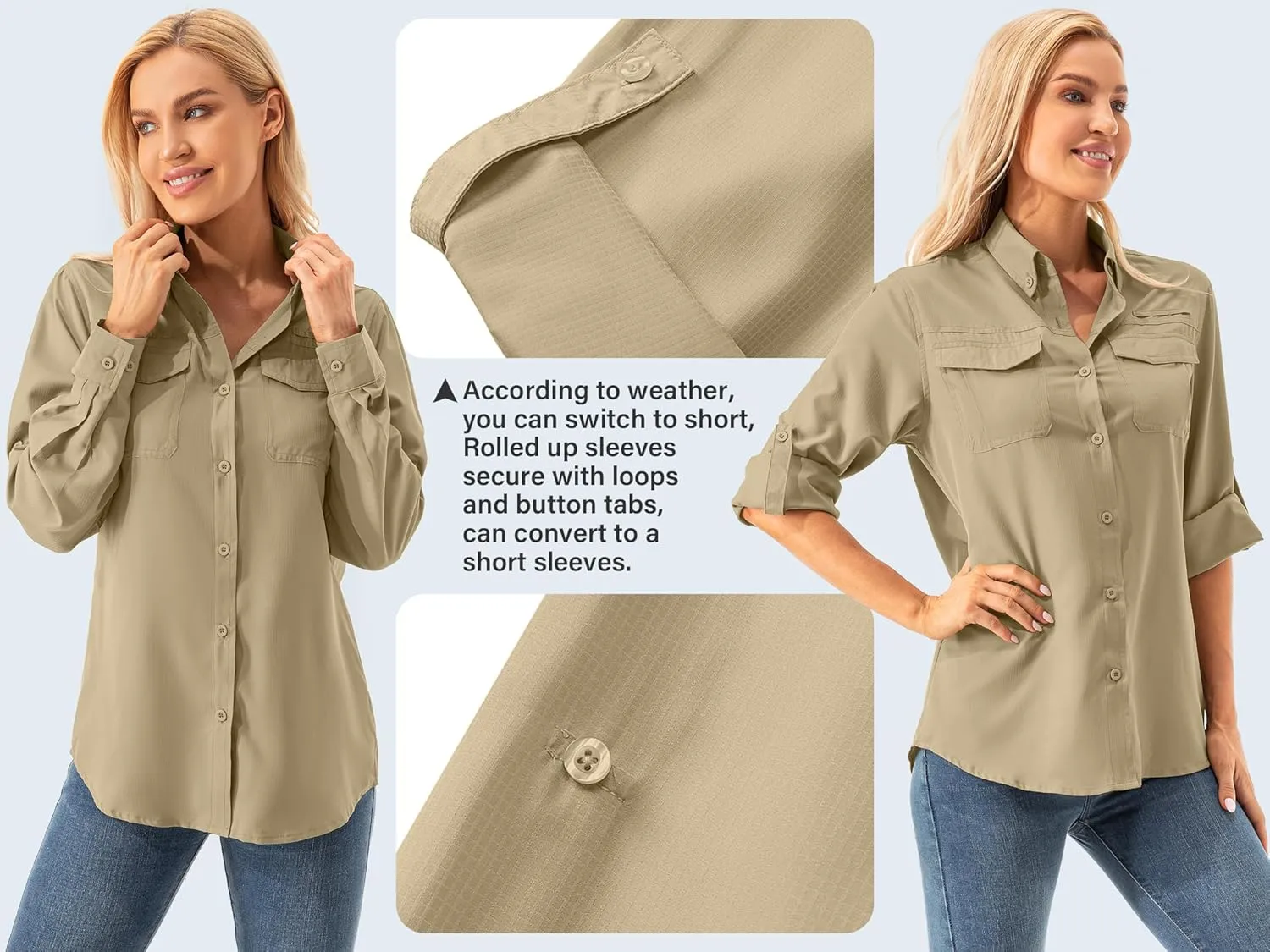 Womens UPF 50  UV Sun Protection Safari Shirts Long Sleeve Outdoor Cool Quick Dry Fishing Hiking Gardening Shirts