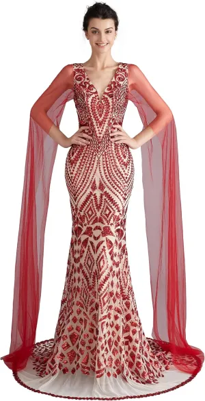 Women's V-Neck Sequins Mermaid Evening Dress with Sheer Sleeves