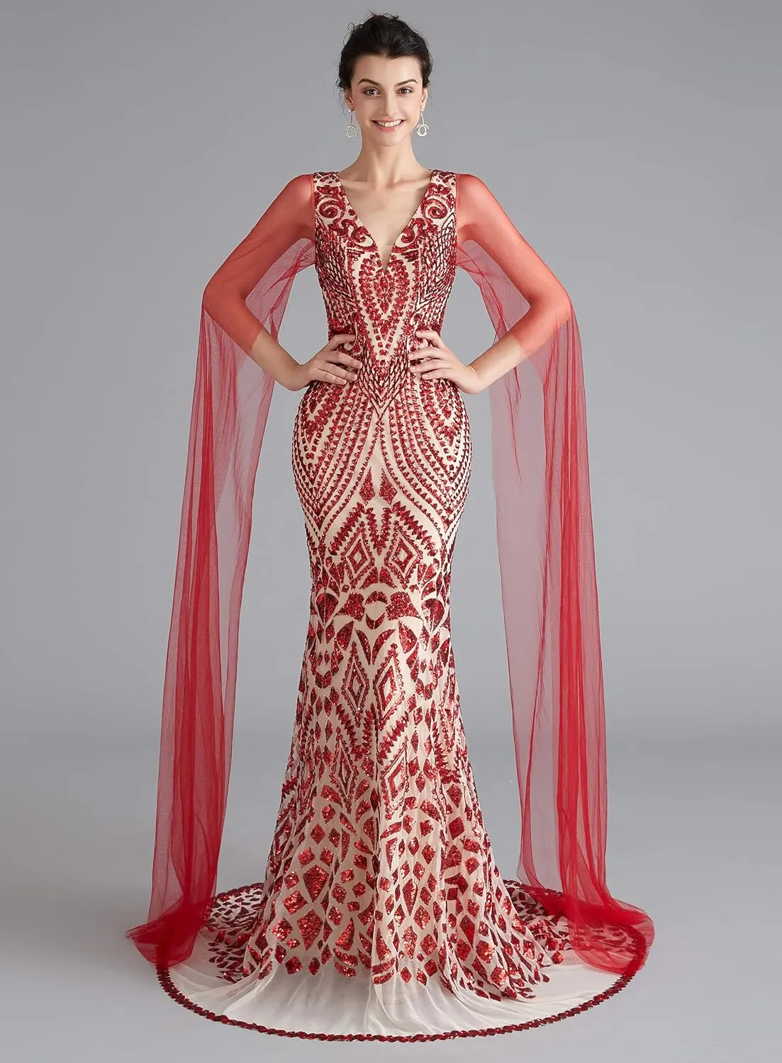 Women's V-Neck Sequins Mermaid Evening Dress with Sheer Sleeves
